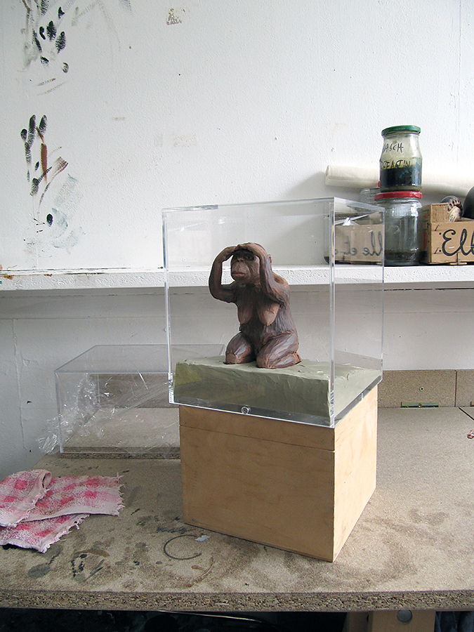lucy im kasten, knetmasse, acrylglaskasten, ansicht im atelier, 2011