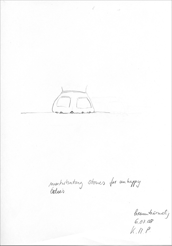"masturbating stones for unhappy bodies" aus der serie "Therapie _ hemmtsärmelig", 2008 von Karin Missy Paule. bleistift auf papier, 21 x 30 cm
