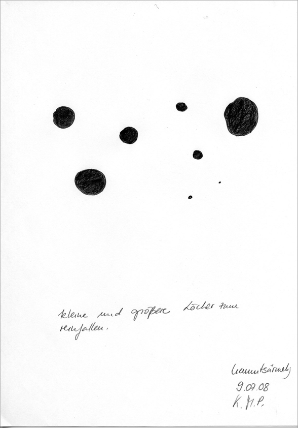 "Kleine und größere Löcher zum reinfallen" aus der serie "Therapie _ hemmtsärmelig", 2008 von Karin Missy Paule. bleistift auf papier, 21 x 30 cm
